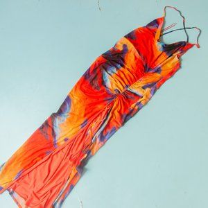 Blanc Clothing Orange Blue Dye Print Sleeveless Drop Back Midi Dress Sz Large